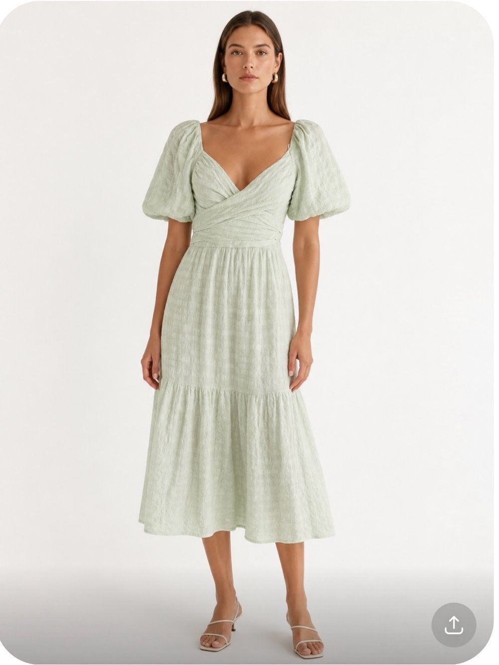 ASTR  The Label Sonnet Puff-Sleeve Midi Dress in Sage Green Size Medium